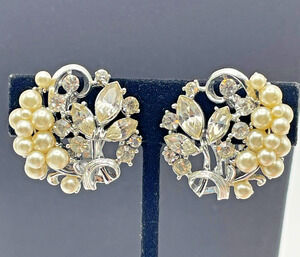 Vintage Silver Tone Floral Rhinestone Pearl Cluster Clip On Earrings Signed STAR